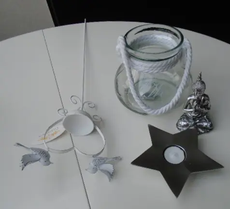DECO SET STEKER MET VOGELS, WINDLICHT, WAXINELICHT, BOEDDHA