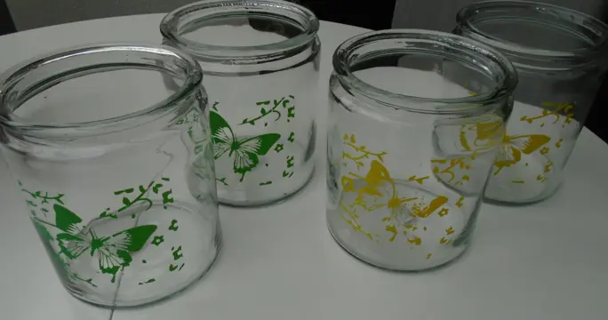 GROTE GLAZEN POTTEN WINDLICHT MET DECOR VLINDER 3 stuks