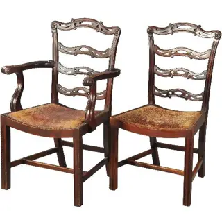 Antieke stoelen / stel van 8 mahonie ladderbacks vm Norman &amp; Stacey 1910 bekleding naar wens