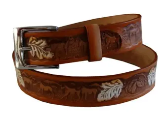 Leren riem " Paarden met bladeren " Beige