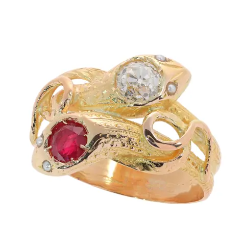 Two Serpents in Gold: A Victorian Diamond and Ruby Ring, circa 1900