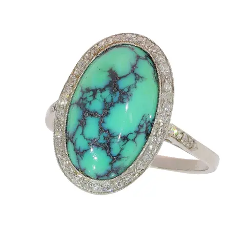 Architectural Platinum Ring with Turquoise and Diamonds, circa 1950
