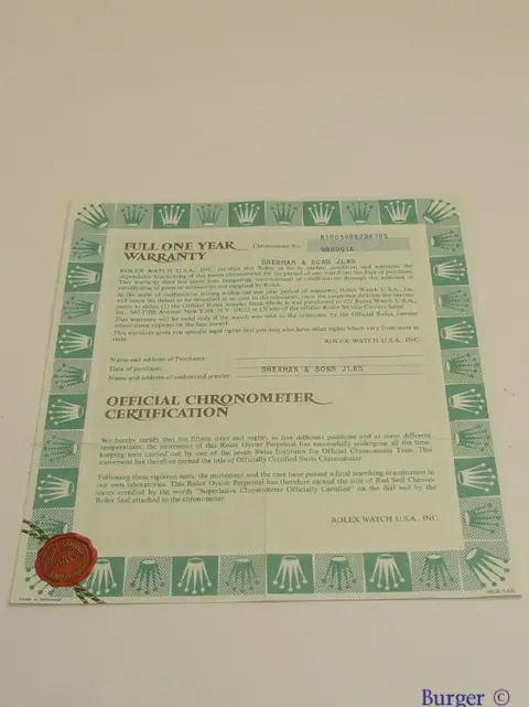 Rolex Warranty Certificate Ref: 18038
