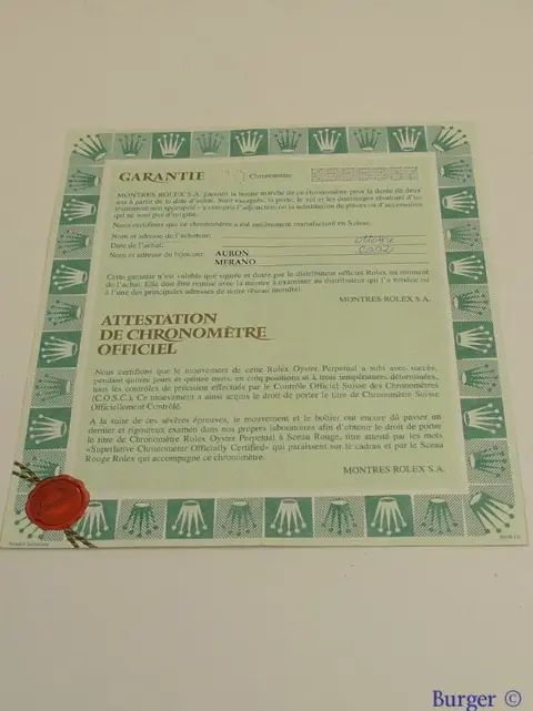 Rolex Warranty Certificate Ref: 80298