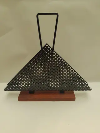 Mid-Century napkin or envelope holder in Lacquered Perforated Metal with wooden feet, 1950s