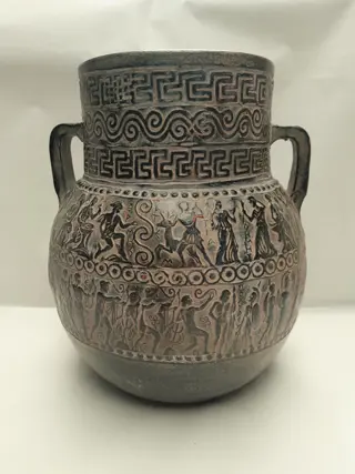 Greek Art Pottery Vase Figural Relief Design Greece Dark Green Folk Art Vintage