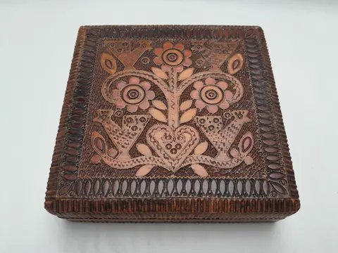 vintage hand carved wooden jewelry box Trinket Box