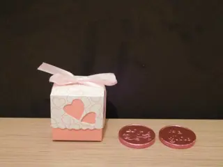 Geboorte bedankje roze doosje met twee chocolade munten