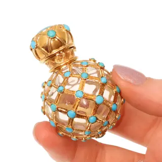 Victorian French gold perfume bottle with turquoise lattice, circa 1860