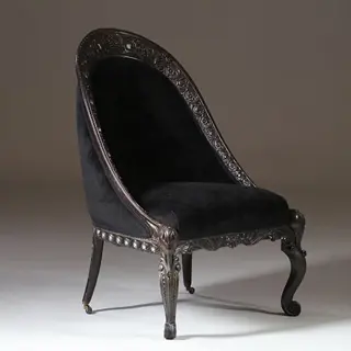 Koloniale dames-zetel massief ebbenhout ca 1800 met zwarte velours en 2 olifanten kopjes