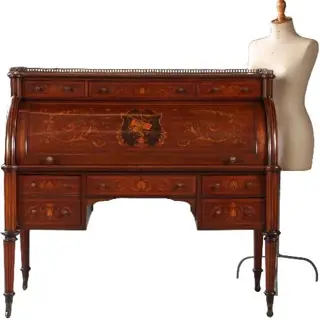 Groot chique mahonie trommel- of Cilinderbureau ±1860 rijk ingelegd
