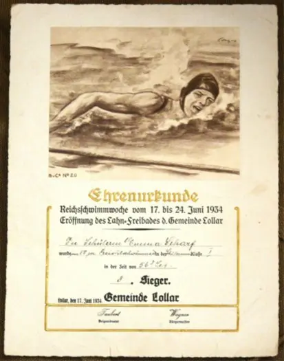 Ere Oorkonde Reichs-Schwimmwoche 1934 gemeente Lollar.