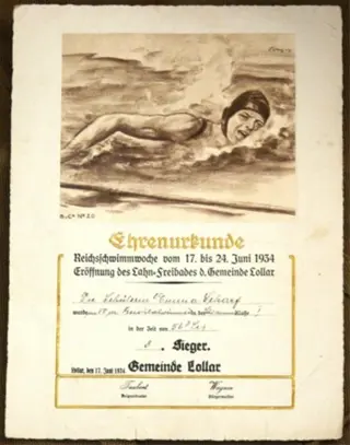 Ere Oorkonde Reichs-Schwimmwoche 1934 gemeente Lollar.