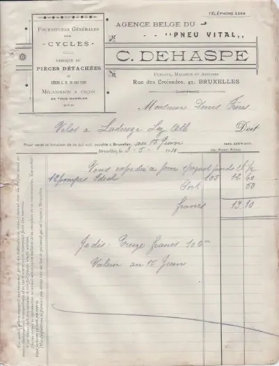 Oude factuur C. Dehaspe, Brussel, 1910, Pneu Vital