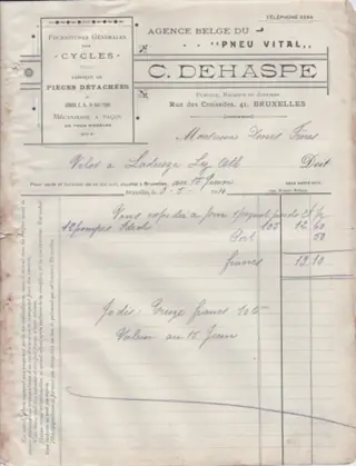 Oude factuur C. Dehaspe, Brussel, 1910, Pneu Vital