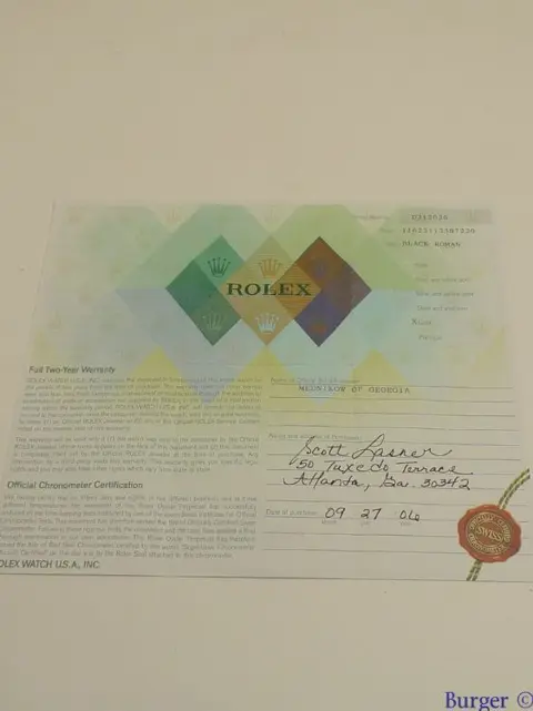 Rolex Warranty Certificate Ref: 116231
