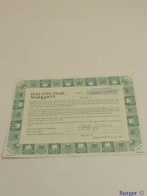 Rolex Warranty Certificate Ref: 14000