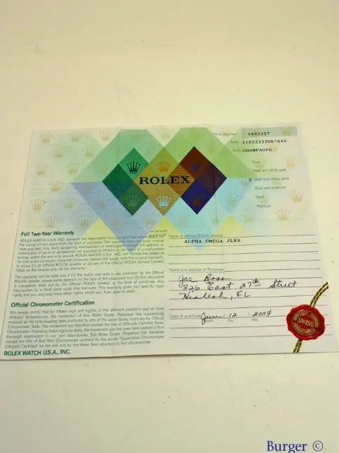 Rolex Warranty Certificate Ref: 116523