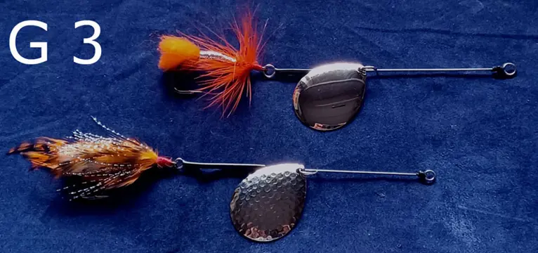 Set G 3 & G 4 van elk 2 stuks Baars / Snoekspinners met streamer