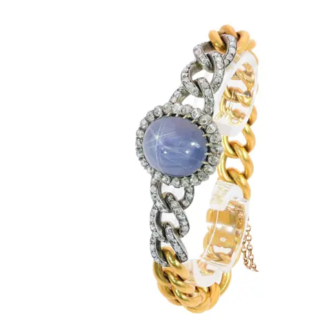 French Léon Gariod Gold and Silver Star Sapphire and Diamond Bracelet, circa 1880