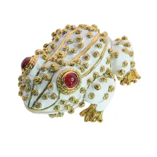 David Webb White Enamel and Ruby Frog Brooch, 1960s to 1970s