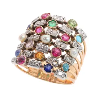 Circa 1880 Seven-Row Harem Ring with Diamonds and Gemstones
