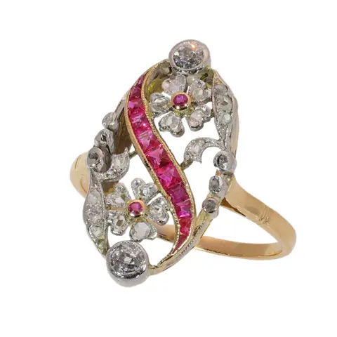 Circa 1920 Diamond and Synthetic Ruby Floral Openwork Ring