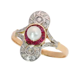Belle Époque to Art Deco Pearl, Ruby and Diamond Ring, circa 1920