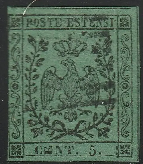 Italiaanse oude staten - Modena 1852 - 5 c. green, variety lying E of CENT, used, great rarity, certified - Sassone n.7l