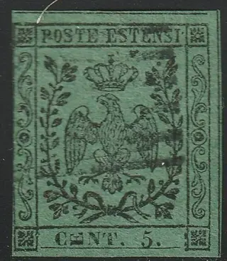 Italiaanse oude staten - Modena 1852 - 5 c. green, variety lying E of CENT, used, great rarity, certified - Sassone n.7l