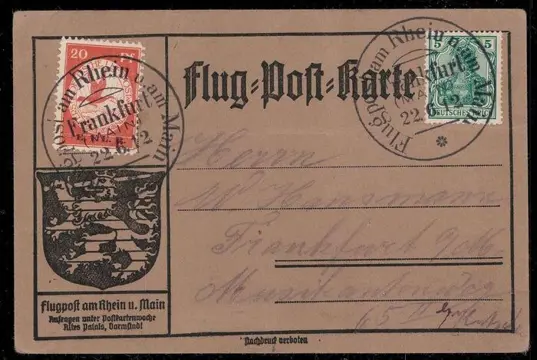 Duitse Rijk 1912 - “Flugpost am Rhein und am Main” (Airmail on the Rhine and Main River), 22.06.1912, airmail postcard - Michel VI
