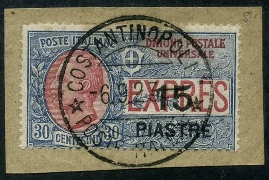 Levant (Italiaanse postkantoren van 1874 tot 1923) 1909 - Costantinopoli, espresso da 15 piastre su frammento. Annullo centrale e moltonitido. - Sassone N. 2