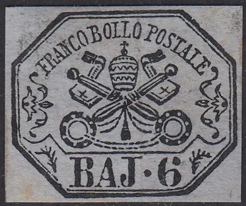 Italiaanse oude staten - Pauselijke Staat 1864 - I emissione 6 baj lilla grigio carta a macchina - Sassone N. 7A