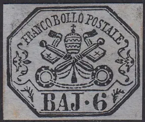 Italiaanse oude staten - Pauselijke Staat 1864 - I emissione 6 baj lilla grigio carta a macchina - Sassone N. 7A