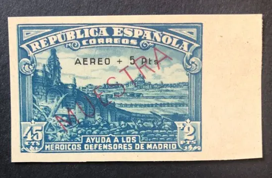 Spanje 1938 - Stamp with ‘Muestra’ in red ink. Imperforated. Sheet margin. Excellent - Edifil 759ms