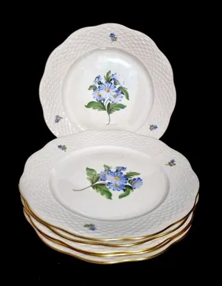 Herend - Blauwe bloem 6 x ontbijtborden ca. 19 cm -