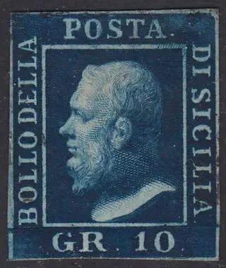 Italiaanse oude staten - Sicilië 1859 - Effigy of Ferdinand II of Bourbon, 10 gr. dark azure, Naples paper, position 4, retouch - Sassone N. 12