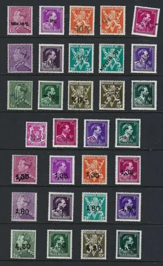 België 1946 - Volledig de reeksen opdrukken "-10%" , opdruk "Gellingen" en de 30 aanvullende waarden - OBP/COB 724A/724vv