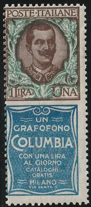 Koninkrijk Italië 1924/25 - Pubblicitario 1 l. COLUMBIA integro raro lusso periziato e Certificato - Sassone n.19