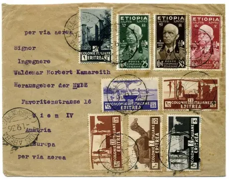 Italiaans Eritrea 1936 - Ethiopia. Extremely fine mixed, polychrome postage, on aerogramme, from Addis Ababa to Vienna