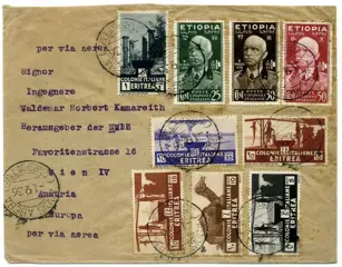 Italiaans Eritrea 1936 - Ethiopia. Extremely fine mixed, polychrome postage, on aerogramme, from Addis Ababa to Vienna