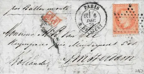 Frankrijk 1870 - Balloon mail ‘Le Denis Papin’ bound to Amsterdam