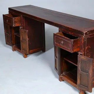 Foto 12 van Smalle lange wandtafel of sideboard  massief iepenhout prachtige patina ca 1890