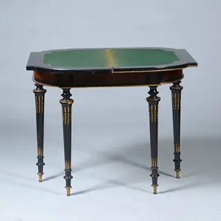 Foto 13 van Bijzonder fraaie wandtafel in wortelnoten met ebben en brons beslagen Boulle stijl ca 1910