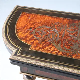 Foto 11 van Bijzonder fraaie wandtafel in wortelnoten met ebben en brons beslagen Boulle stijl ca 1910