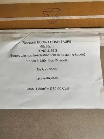 1,80 m² Bonn Taupe tegel 60x60 cm €50,- Elke zondag open