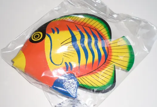 HOUTEN VIS 20 CM Nr. 1 GEEL ORANJE BLAUW NIEUW.