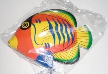 HOUTEN VIS 20 CM Nr. 1 GEEL ORANJE BLAUW NIEUW.