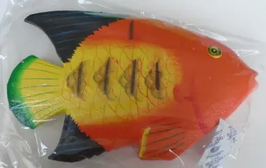 HOUTEN VIS 20 CM Nr. 2 ORANJE GEEL/ZWART NIEUW.