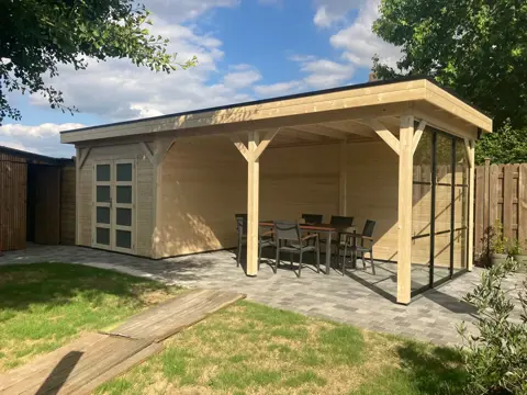 Vuren Topvision Bosuil, 300 x 300 en luifel 400 cm, onbehandeld.